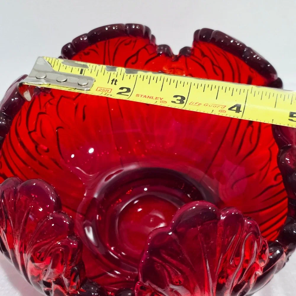 Fenton Red Cabbage Leaf Glass Bowl, Holiday Tableware, Scalloped Candy Dish